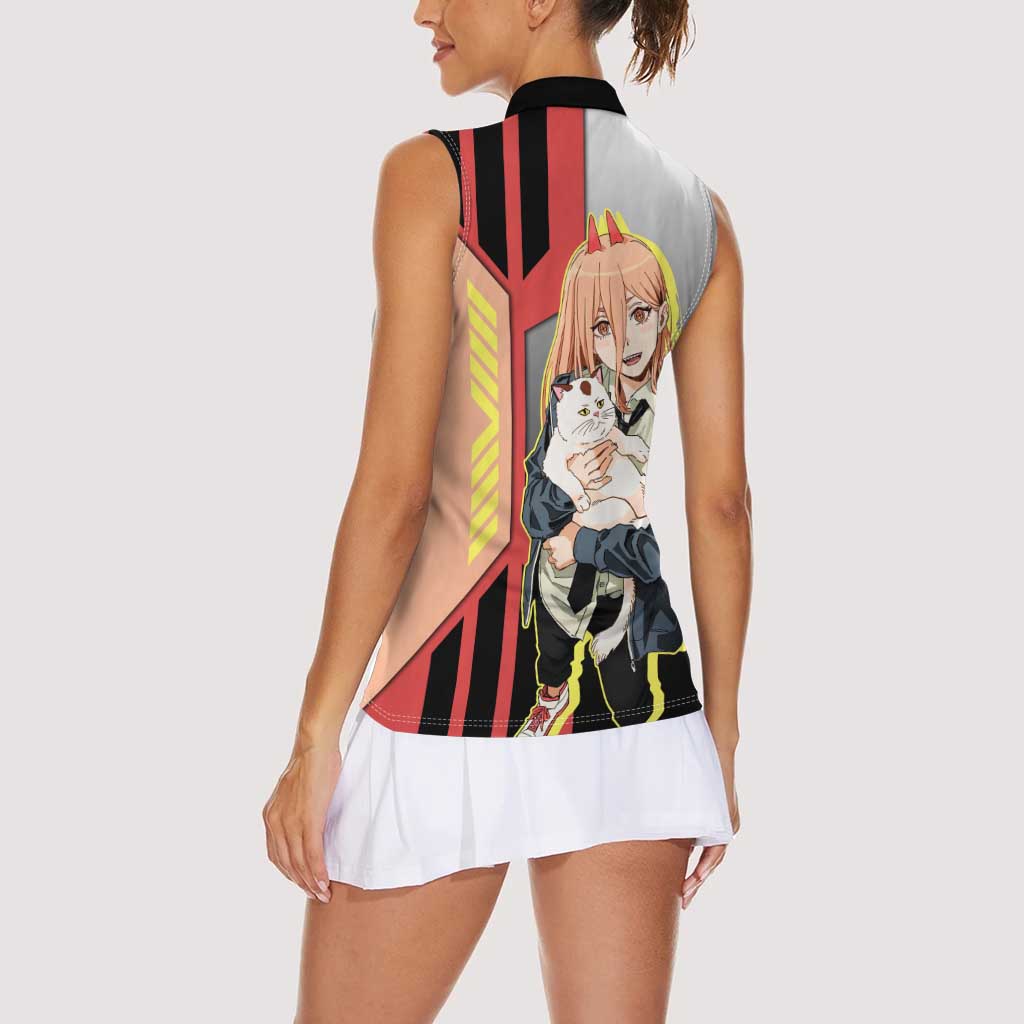 Power from Chainsaw Man Women Sleeveless Polo Shirt with Cat in Hand and Stylish Pose Design - The Mazicc