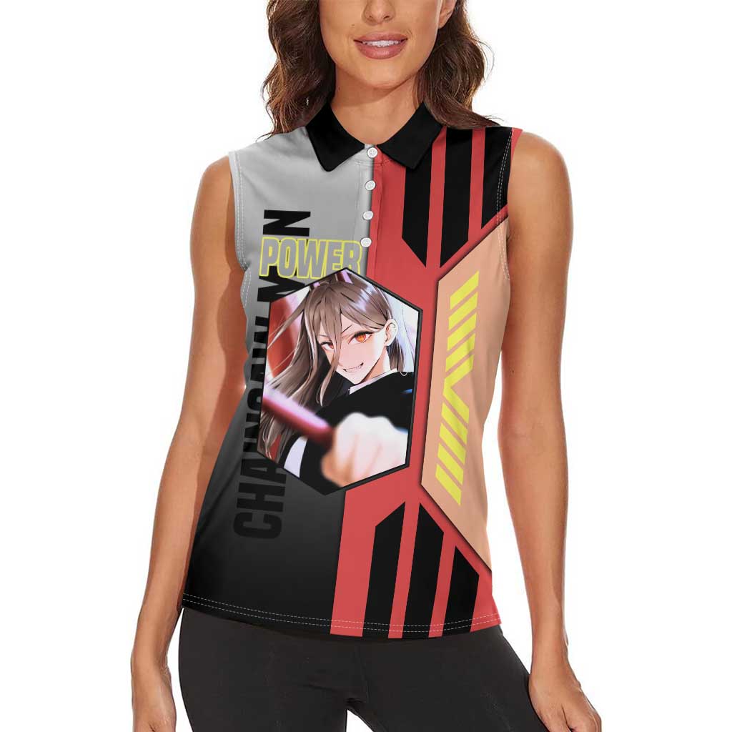 Power from Chainsaw Man Women Sleeveless Polo Shirt with Cat in Hand and Stylish Pose Design - The Mazicc
