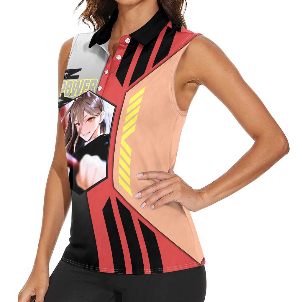 Power from Chainsaw Man Women Sleeveless Polo Shirt with Cat in Hand and Stylish Pose Design - The Mazicc