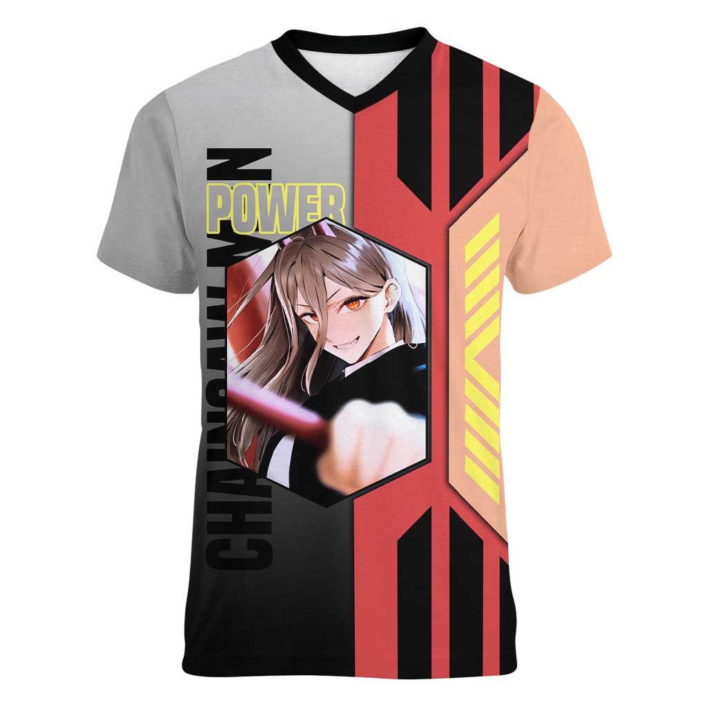 Power from Chainsaw Man Women V-Neck T-Shirt with Cat in Hand and Stylish Pose Design - The Mazicc
