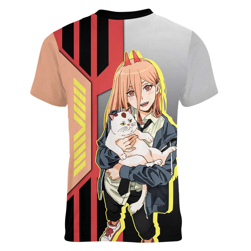 Power from Chainsaw Man Women V-Neck T-Shirt with Cat in Hand and Stylish Pose Design - The Mazicc