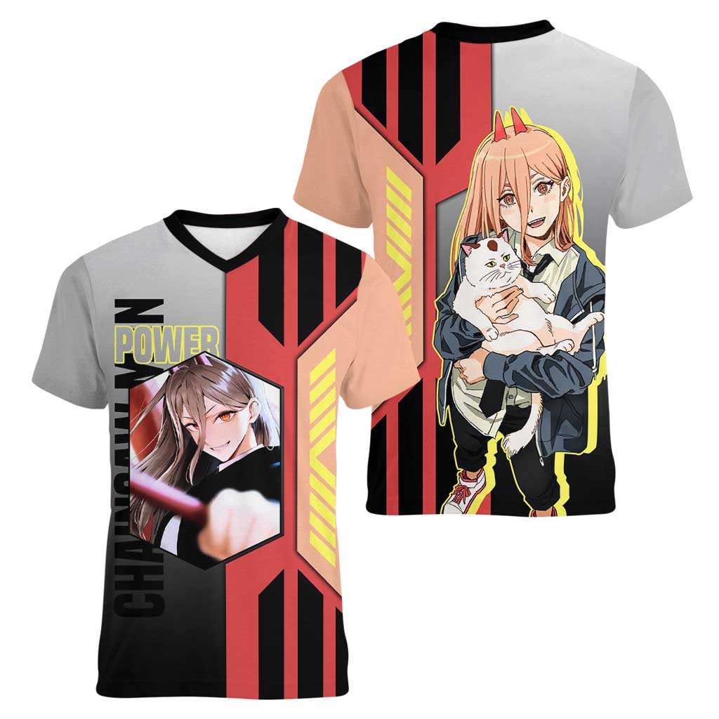 Power from Chainsaw Man Women V-Neck T-Shirt with Cat in Hand and Stylish Pose Design - The Mazicc