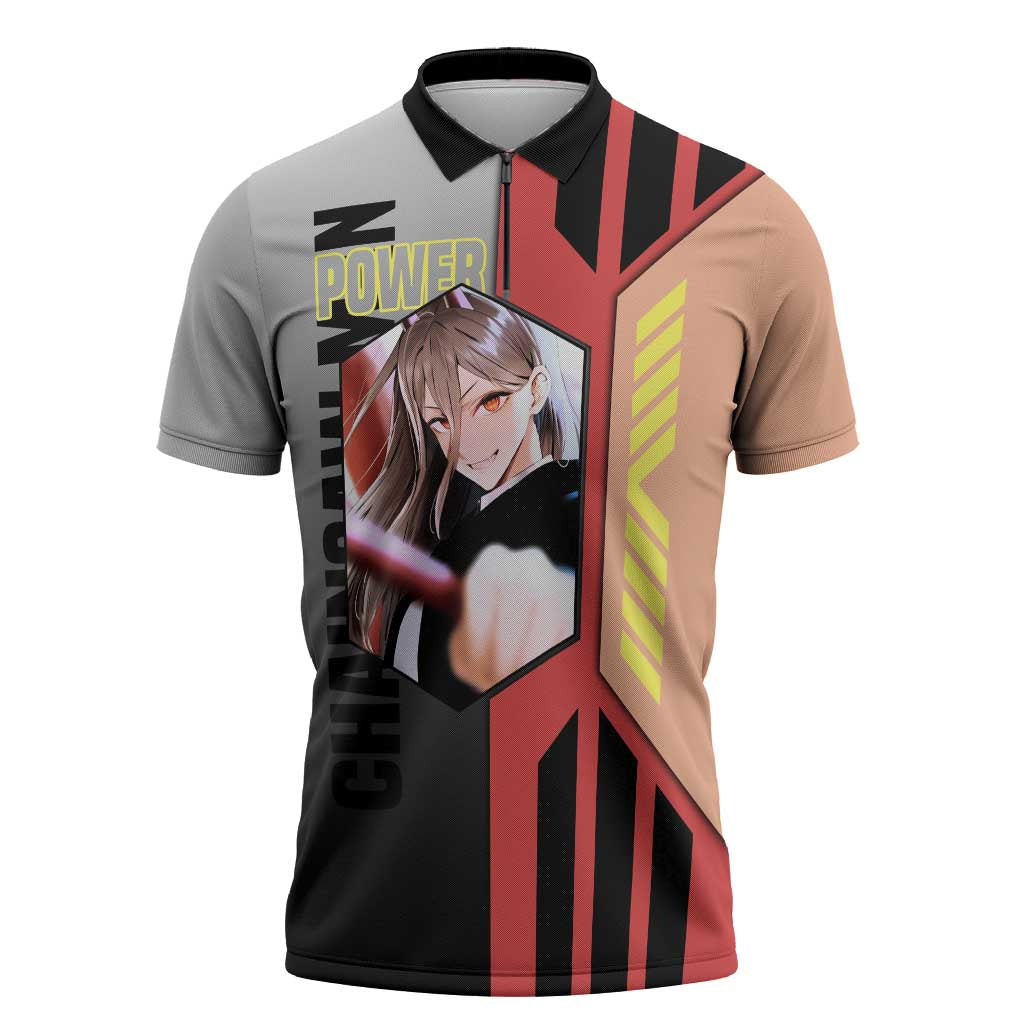 Power from Chainsaw Man Zipper Polo Shirt with Cat in Hand and Stylish Pose Design - The Mazicc