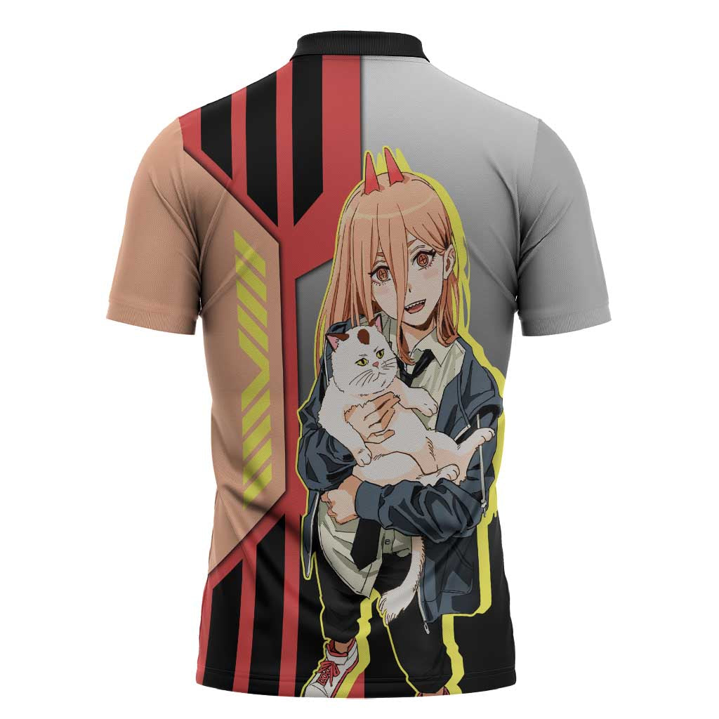 Power from Chainsaw Man Zipper Polo Shirt with Cat in Hand and Stylish Pose Design - The Mazicc