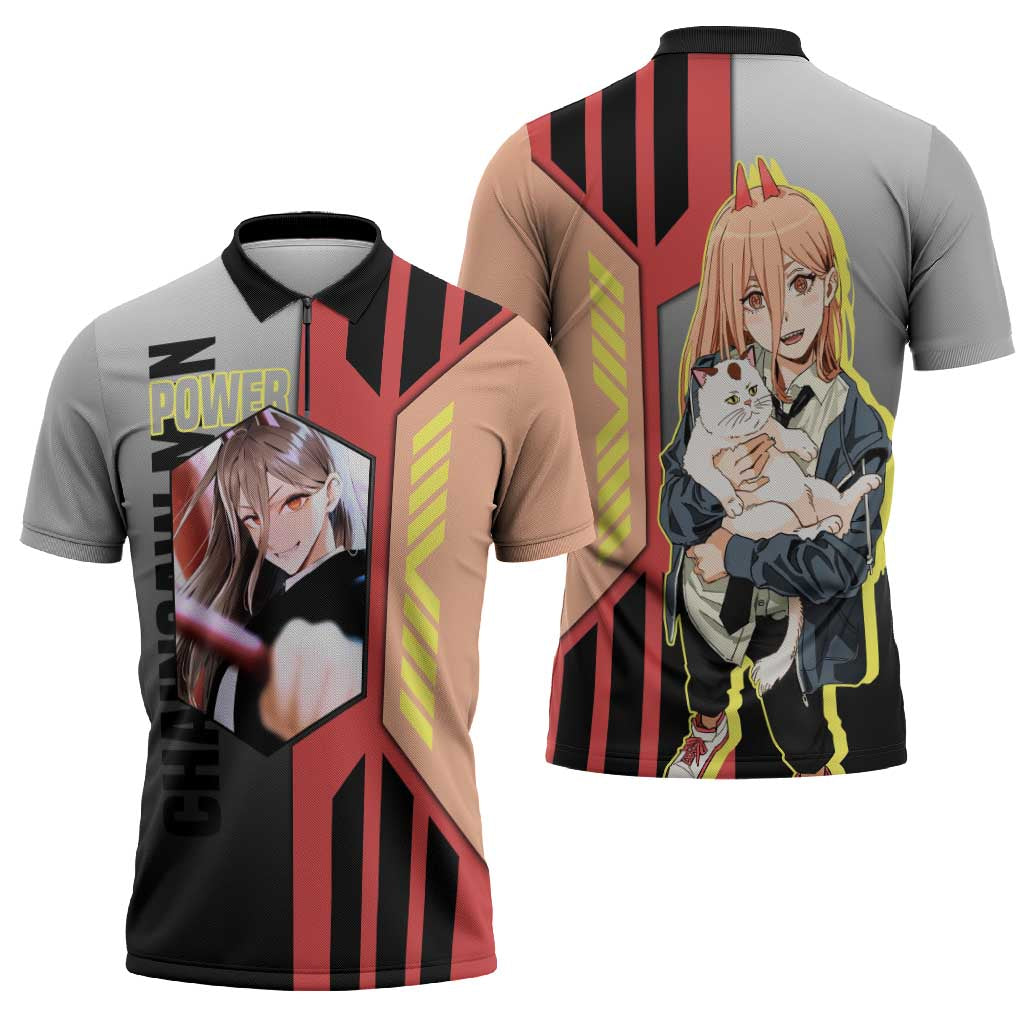 Power from Chainsaw Man Zipper Polo Shirt with Cat in Hand and Stylish Pose Design - The Mazicc