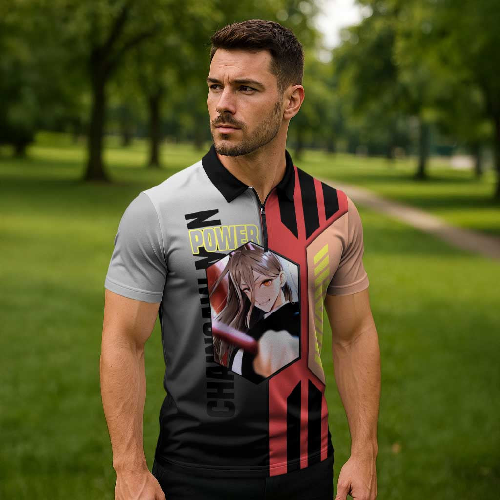 Power from Chainsaw Man Zipper Polo Shirt with Cat in Hand and Stylish Pose Design - The Mazicc
