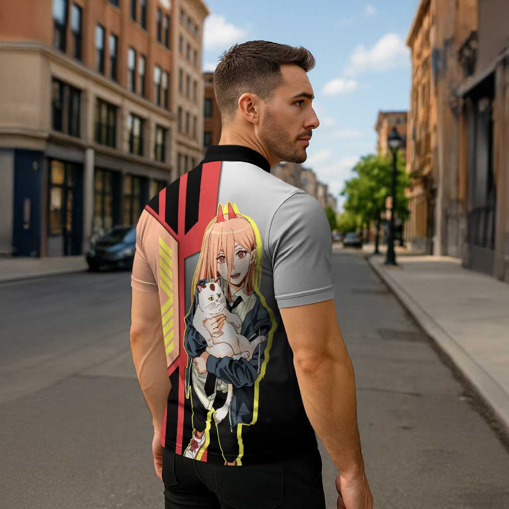 Power from Chainsaw Man Zipper Polo Shirt with Cat in Hand and Stylish Pose Design - The Mazicc