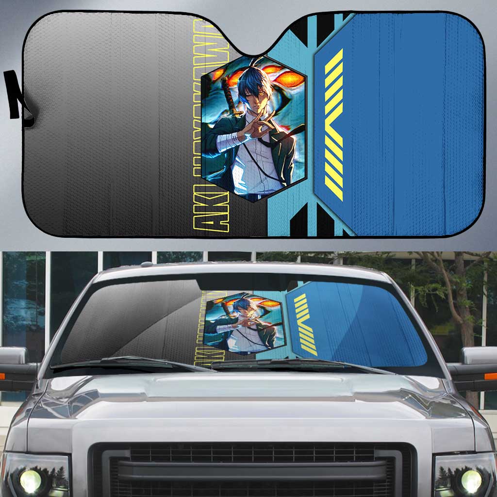 Aki Hayakawa from Chainsaw Man Auto Sun Shade with Sword and Stylish Pose Design - The Mazicc
