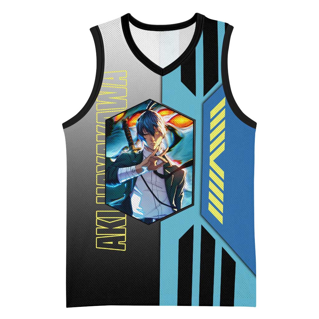 Aki Hayakawa from Chainsaw Man Basketball Jersey with Sword and Stylish Pose Design - The Mazicc