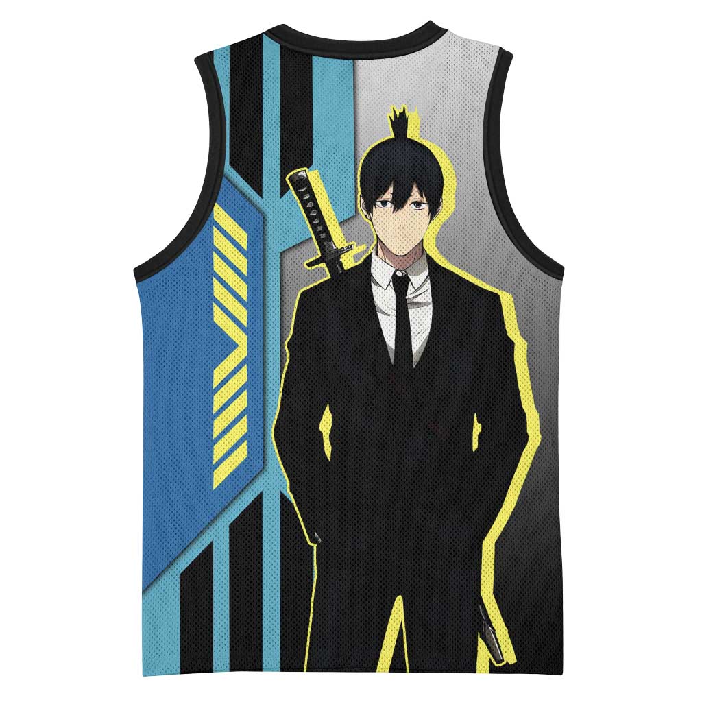 Aki Hayakawa from Chainsaw Man Basketball Jersey with Sword and Stylish Pose Design - The Mazicc