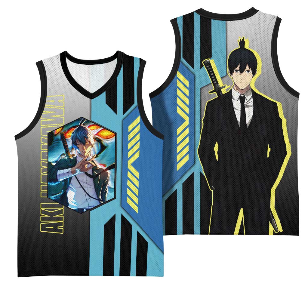 Aki Hayakawa from Chainsaw Man Basketball Jersey with Sword and Stylish Pose Design - The Mazicc