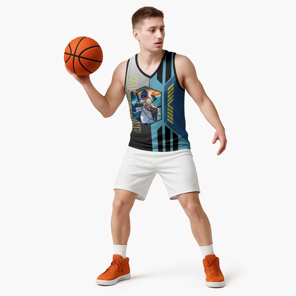 Aki Hayakawa from Chainsaw Man Basketball Jersey with Sword and Stylish Pose Design - The Mazicc