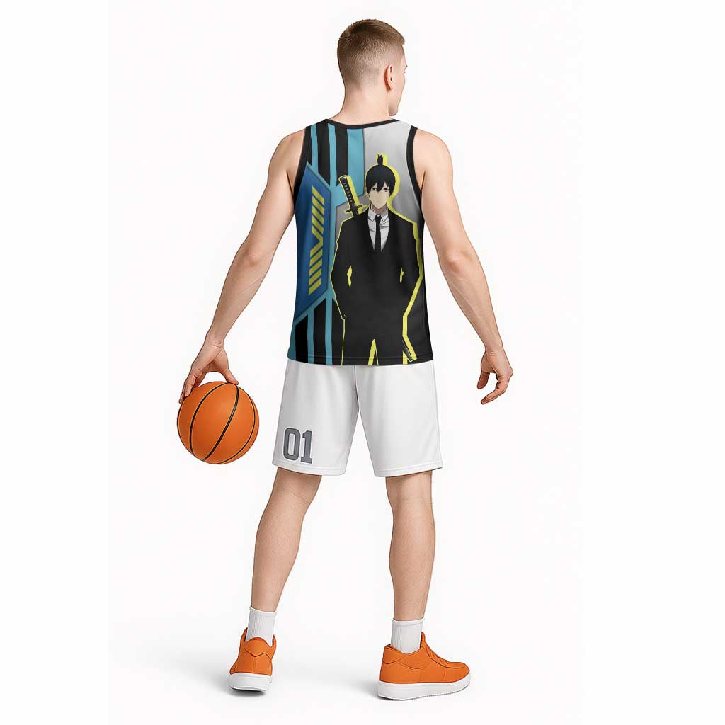 Aki Hayakawa from Chainsaw Man Basketball Jersey with Sword and Stylish Pose Design - The Mazicc