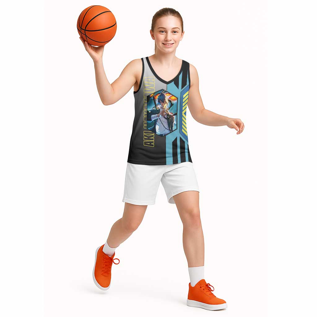 Aki Hayakawa from Chainsaw Man Basketball Jersey with Sword and Stylish Pose Design - The Mazicc