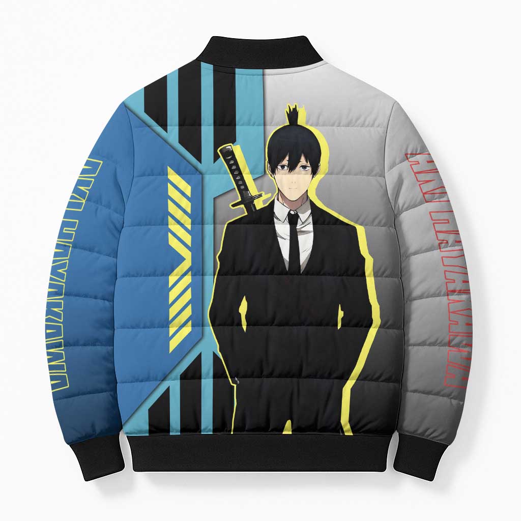 Aki Hayakawa from Chainsaw Man Bomber Puffer Jacket with Sword and Stylish Pose Design - The Mazicc