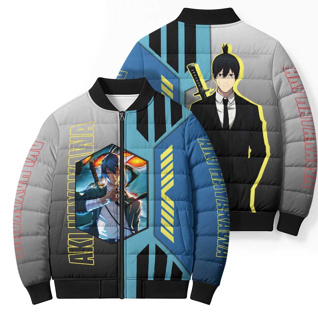 Aki Hayakawa from Chainsaw Man Bomber Puffer Jacket with Sword and Stylish Pose Design - The Mazicc