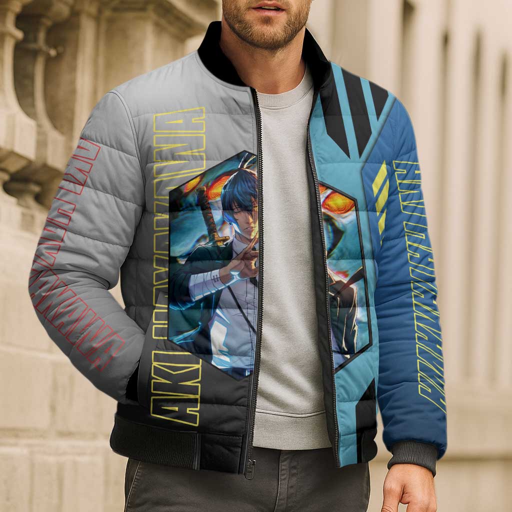 Aki Hayakawa from Chainsaw Man Bomber Puffer Jacket with Sword and Stylish Pose Design - The Mazicc