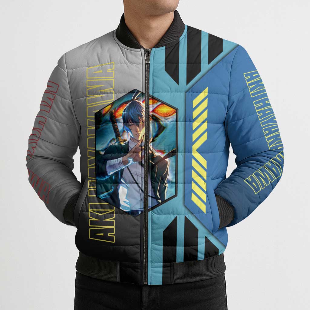 Aki Hayakawa from Chainsaw Man Bomber Puffer Jacket with Sword and Stylish Pose Design - The Mazicc
