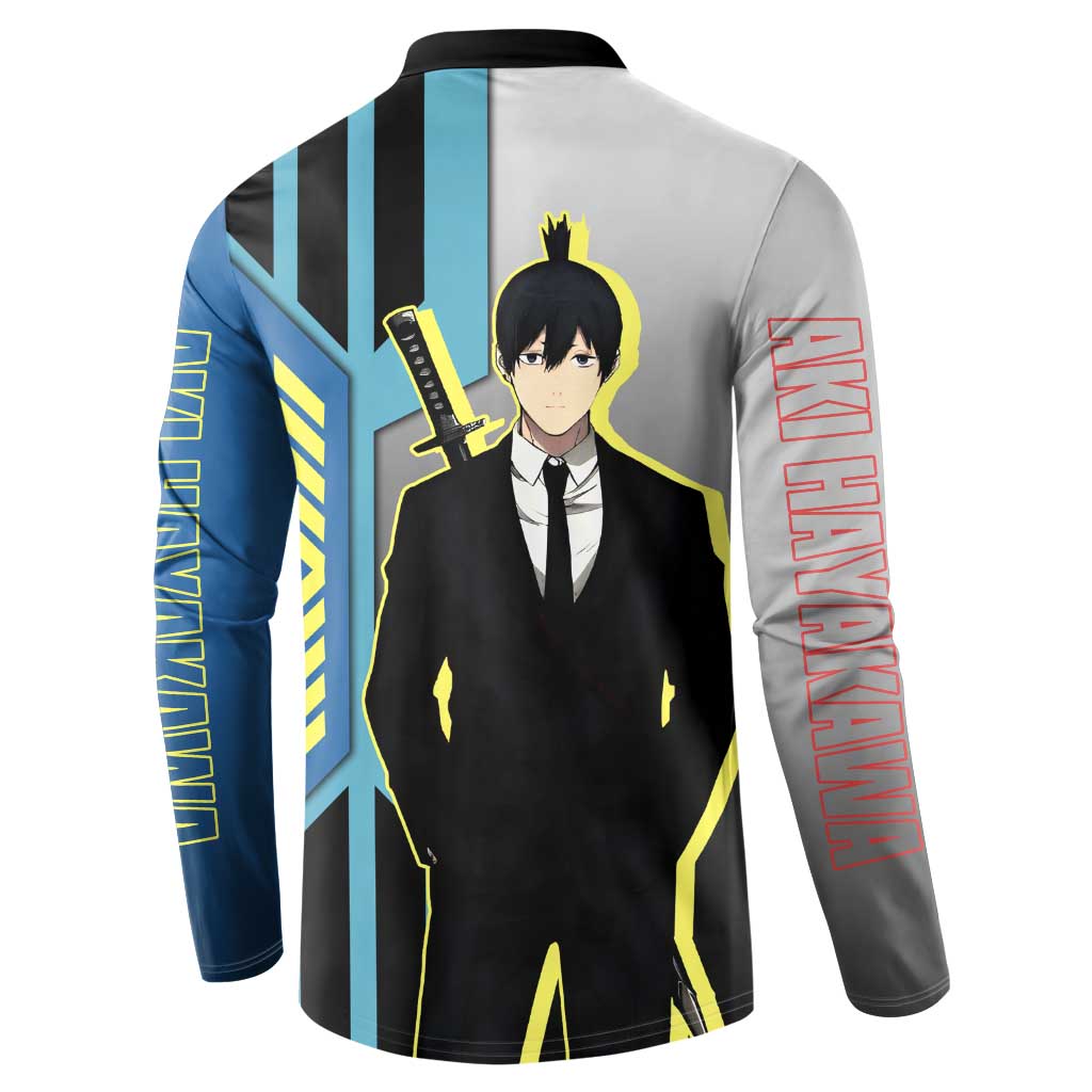 Aki Hayakawa from Chainsaw Man Button Sweatshirt with Sword and Stylish Pose Design - The Mazicc