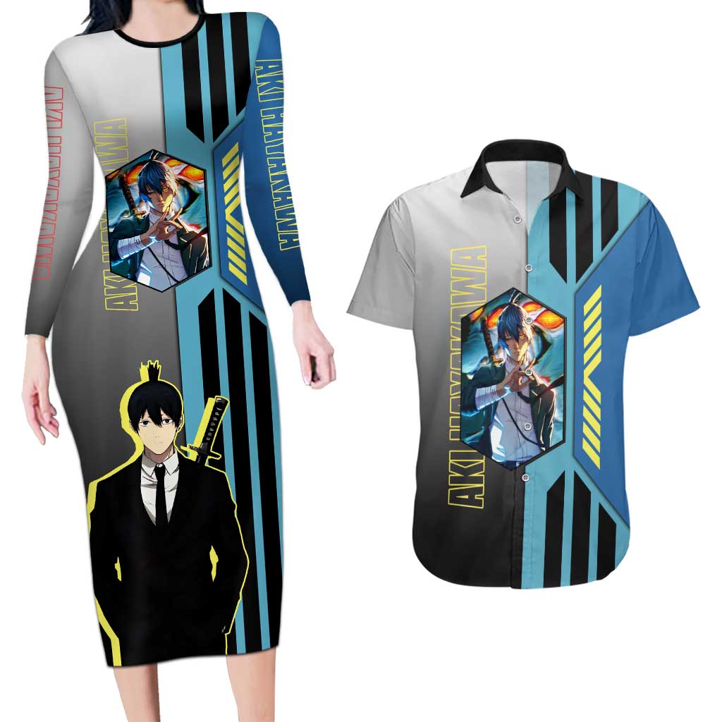 Aki Hayakawa from Chainsaw Man Couples Matching Long Sleeve Bodycon Dress and Hawaiian Shirt with Sword and Stylish Pose Design - The Mazicc
