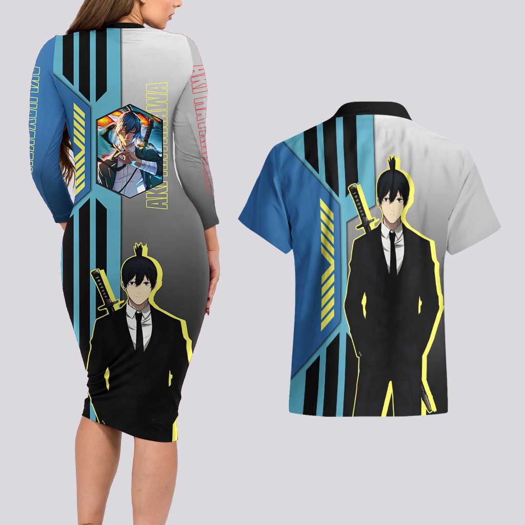 Aki Hayakawa from Chainsaw Man Couples Matching Long Sleeve Bodycon Dress and Hawaiian Shirt with Sword and Stylish Pose Design - The Mazicc