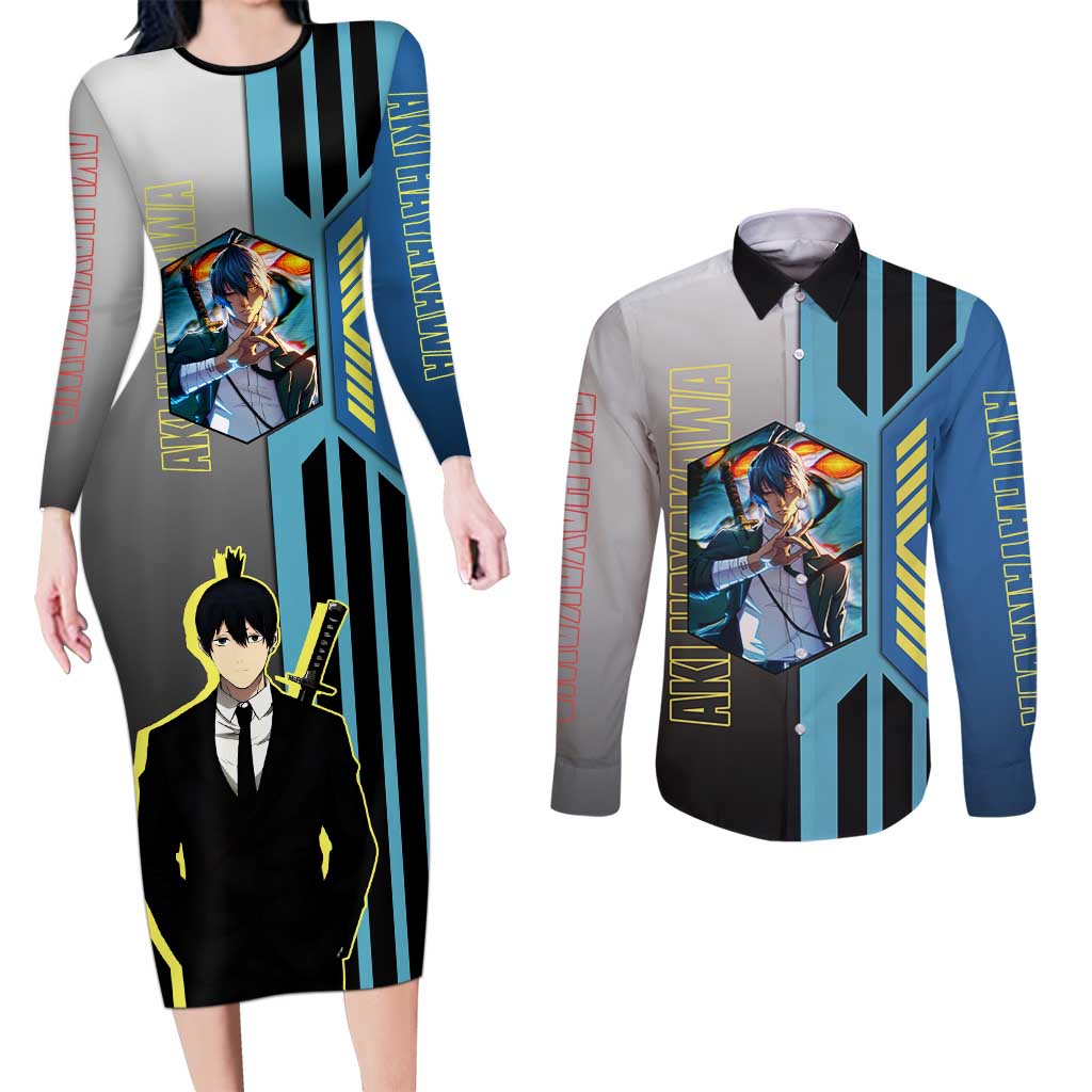 Aki Hayakawa from Chainsaw Man Couples Matching Long Sleeve Bodycon Dress and Long Sleeve Button Shirt with Sword and Stylish Pose Design - The Mazicc