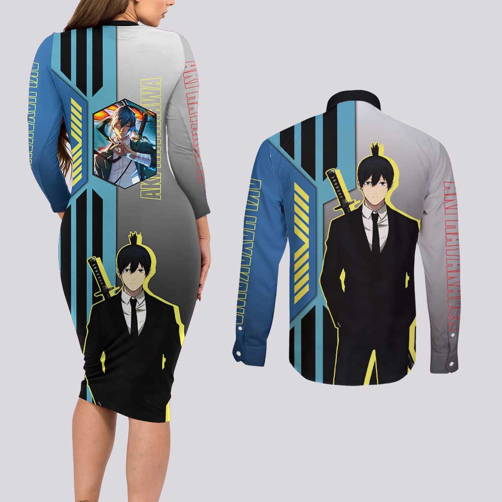 Aki Hayakawa from Chainsaw Man Couples Matching Long Sleeve Bodycon Dress and Long Sleeve Button Shirt with Sword and Stylish Pose Design - The Mazicc