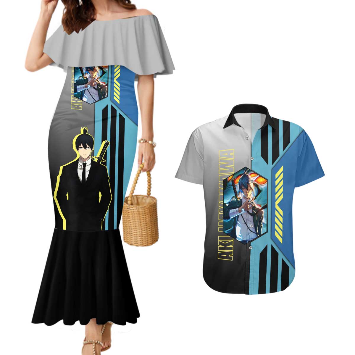 Aki Hayakawa from Chainsaw Man Couples Matching Mermaid Dress and Hawaiian Shirt with Sword and Stylish Pose Design - The Mazicc