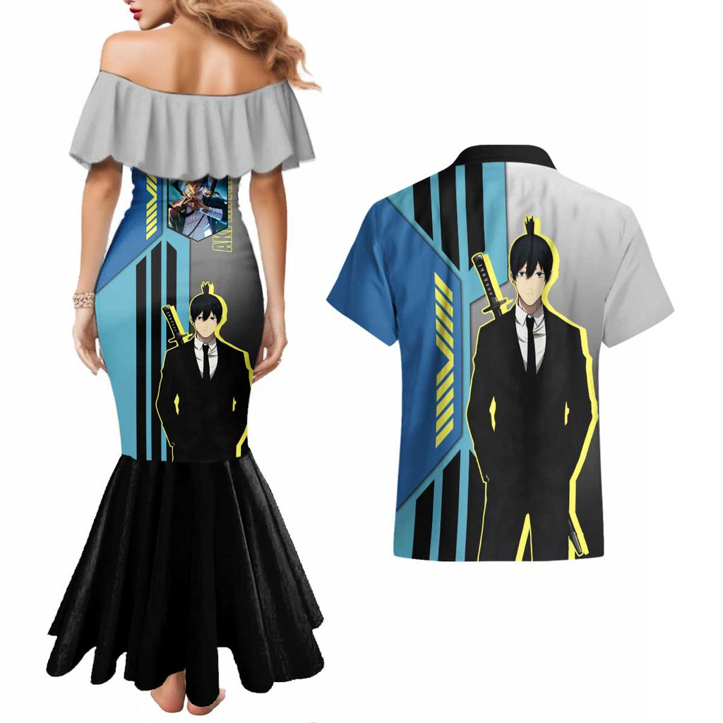 Aki Hayakawa from Chainsaw Man Couples Matching Mermaid Dress and Hawaiian Shirt with Sword and Stylish Pose Design - The Mazicc