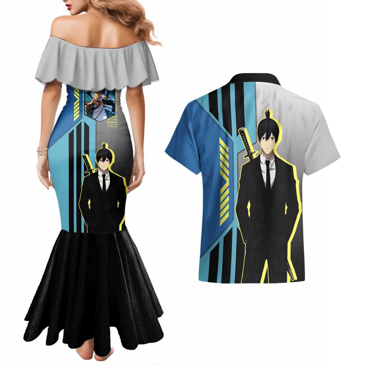 Aki Hayakawa from Chainsaw Man Couples Matching Mermaid Dress and Hawaiian Shirt with Sword and Stylish Pose Design - The Mazicc