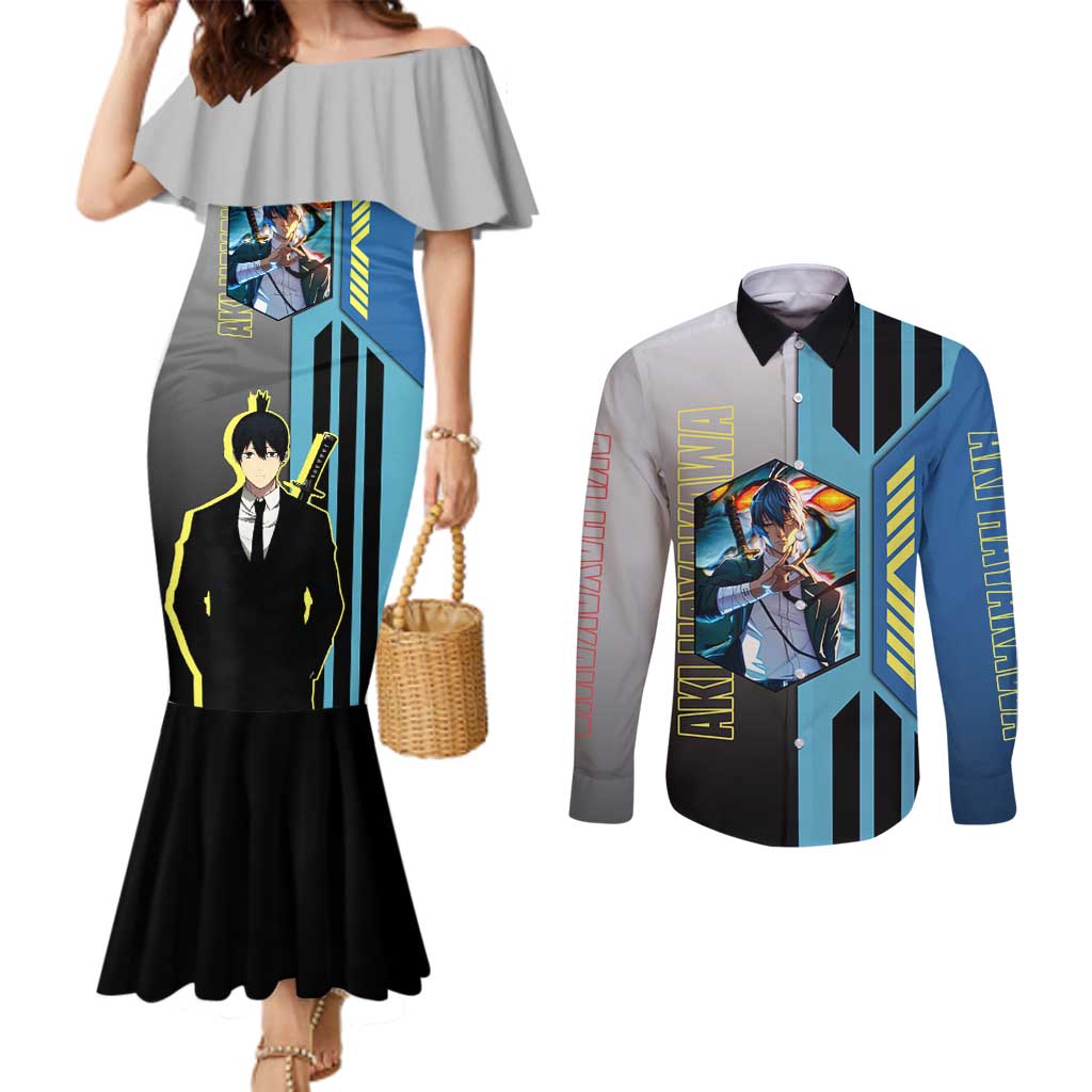 Aki Hayakawa from Chainsaw Man Couples Matching Mermaid Dress and Long Sleeve Button Shirt with Sword and Stylish Pose Design - The Mazicc
