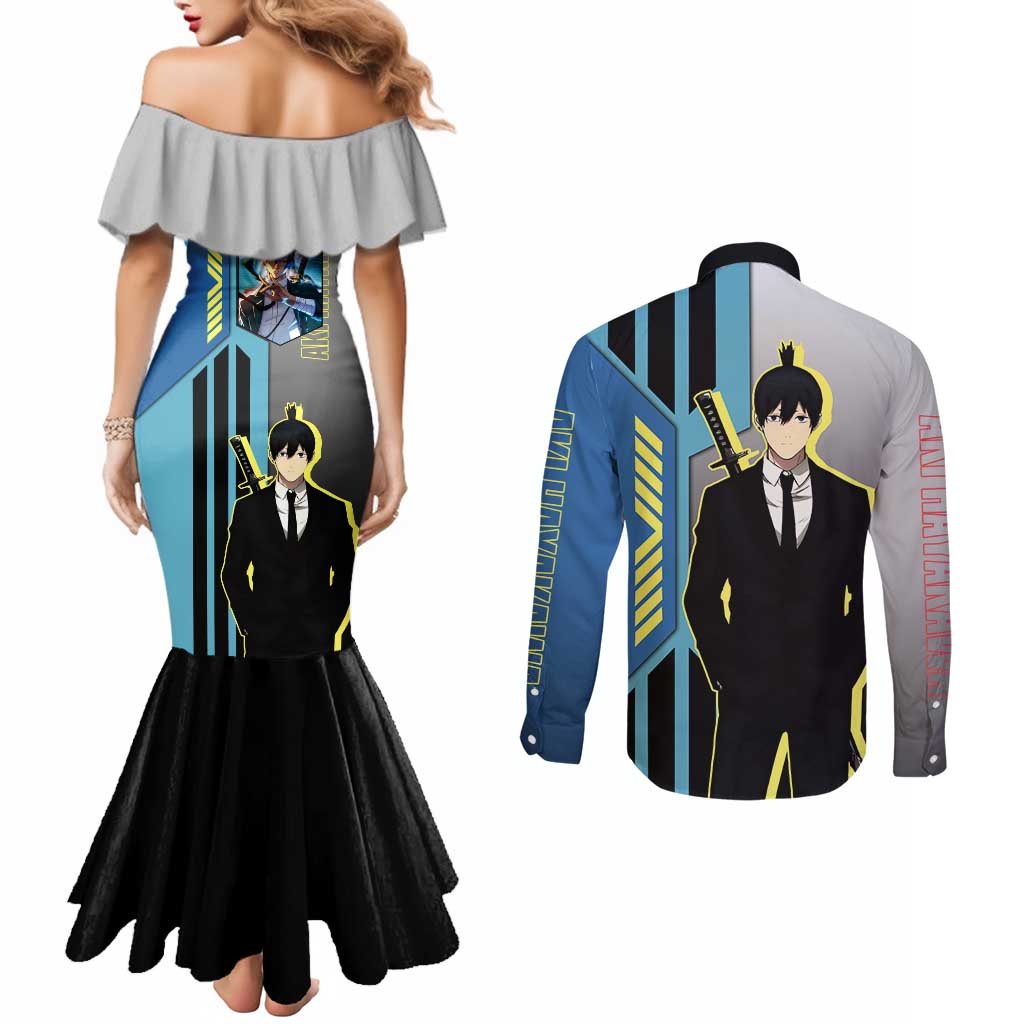 Aki Hayakawa from Chainsaw Man Couples Matching Mermaid Dress and Long Sleeve Button Shirt with Sword and Stylish Pose Design - The Mazicc