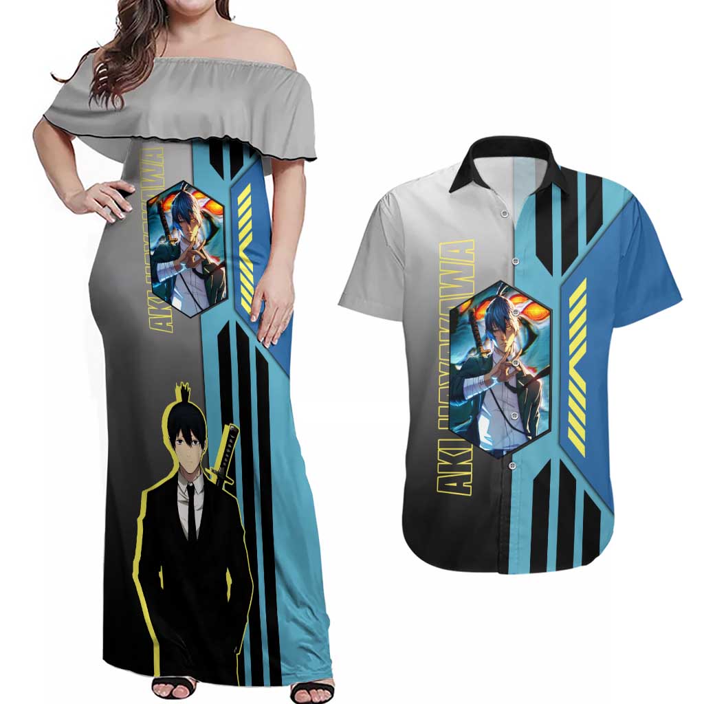 Aki Hayakawa from Chainsaw Man Couples Matching Off Shoulder Maxi Dress and Hawaiian Shirt with Sword and Stylish Pose Design - The Mazicc