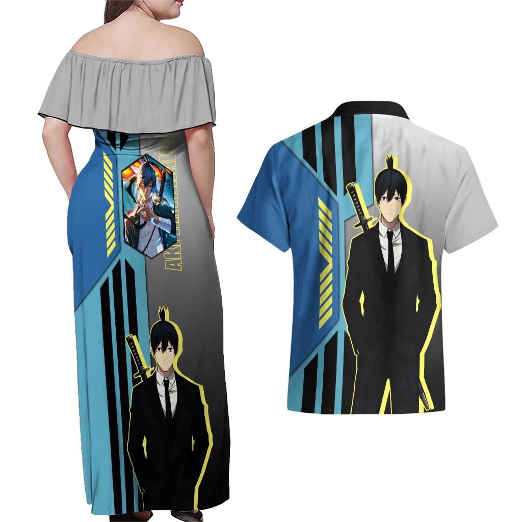 Aki Hayakawa from Chainsaw Man Couples Matching Off Shoulder Maxi Dress and Hawaiian Shirt with Sword and Stylish Pose Design - The Mazicc