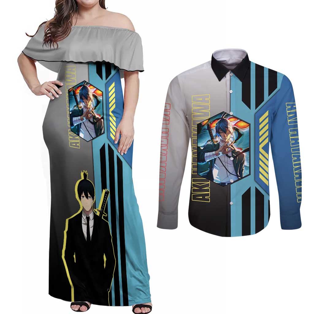 Aki Hayakawa from Chainsaw Man Couples Matching Off Shoulder Maxi Dress and Long Sleeve Button Shirt with Sword and Stylish Pose Design - The Mazicc