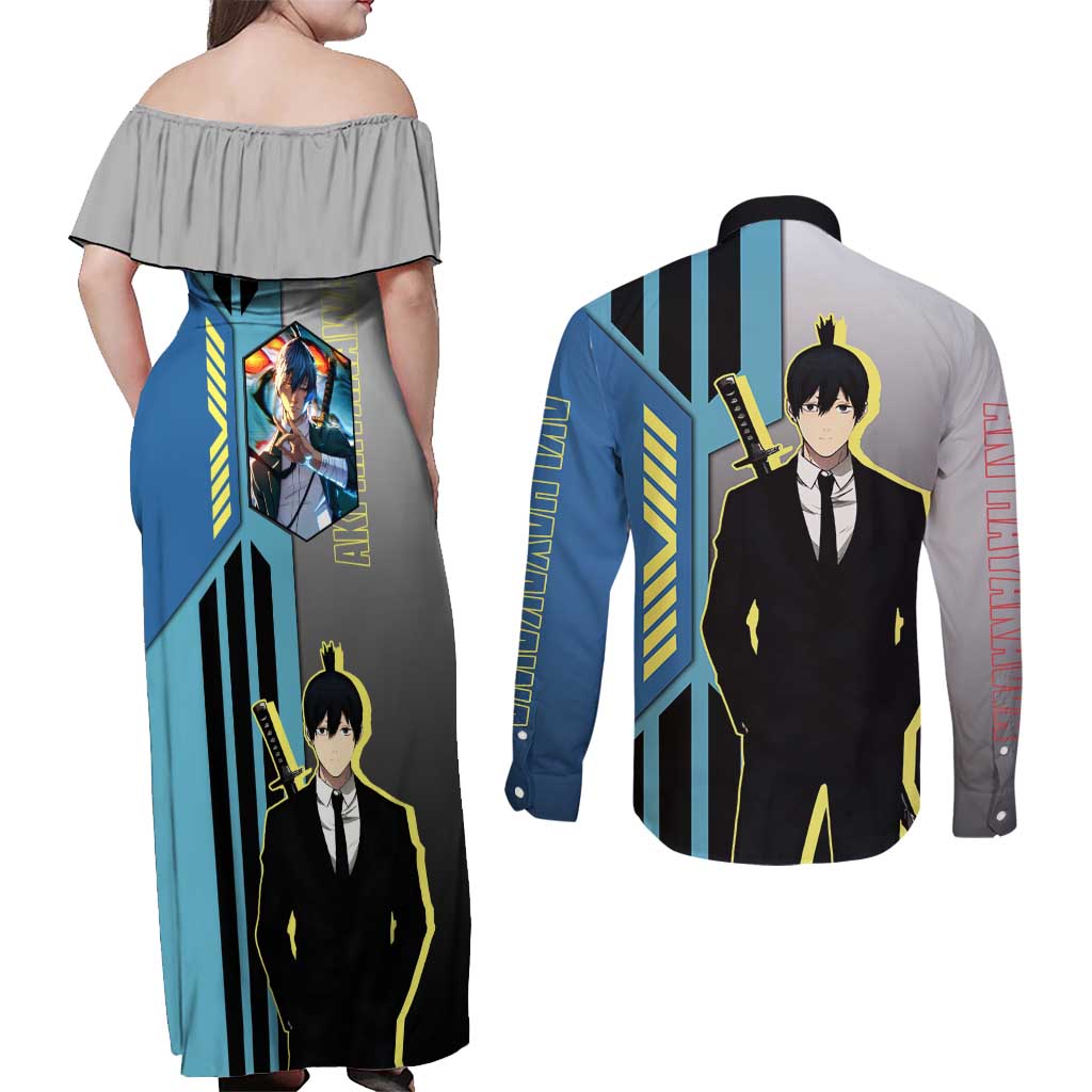 Aki Hayakawa from Chainsaw Man Couples Matching Off Shoulder Maxi Dress and Long Sleeve Button Shirt with Sword and Stylish Pose Design - The Mazicc