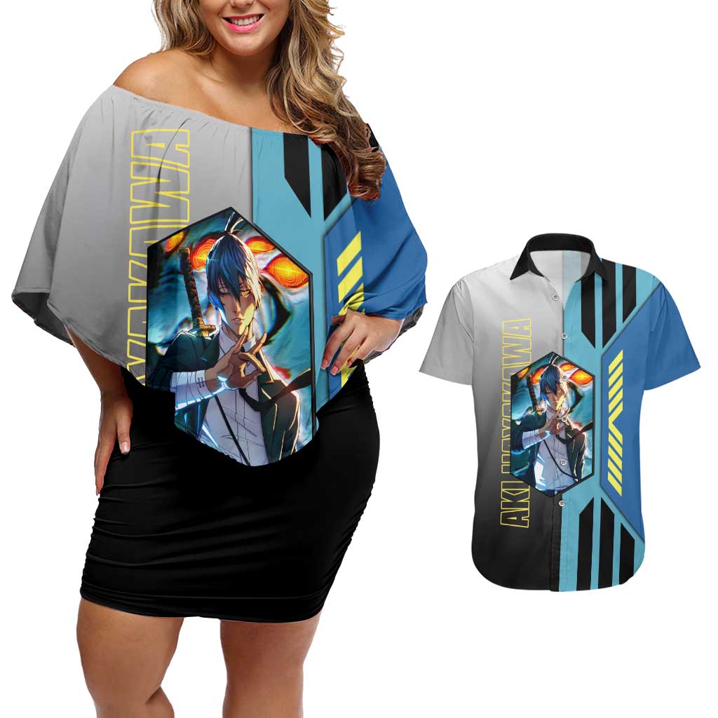 Aki Hayakawa from Chainsaw Man Couples Matching Off Shoulder Short Dress and Hawaiian Shirt with Sword and Stylish Pose Design - The Mazicc