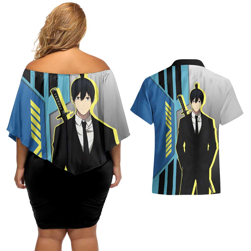 Aki Hayakawa from Chainsaw Man Couples Matching Off Shoulder Short Dress and Hawaiian Shirt with Sword and Stylish Pose Design - The Mazicc