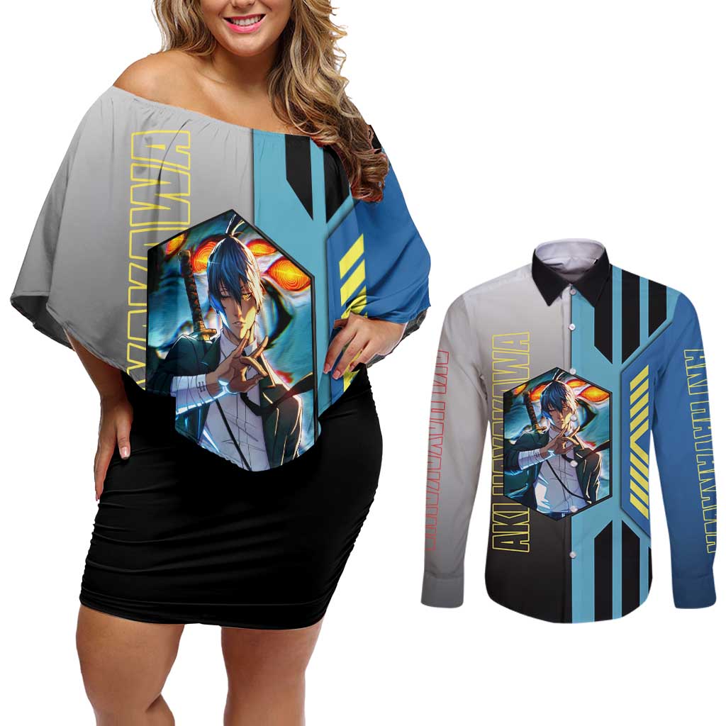 Aki Hayakawa from Chainsaw Man Couples Matching Off Shoulder Short Dress and Long Sleeve Button Shirt with Sword and Stylish Pose Design - The Mazicc
