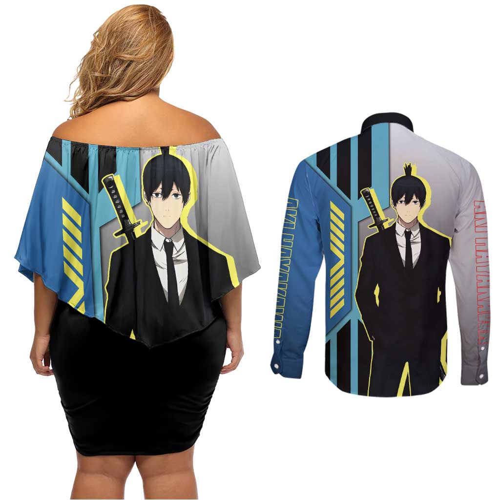 Aki Hayakawa from Chainsaw Man Couples Matching Off Shoulder Short Dress and Long Sleeve Button Shirt with Sword and Stylish Pose Design - The Mazicc