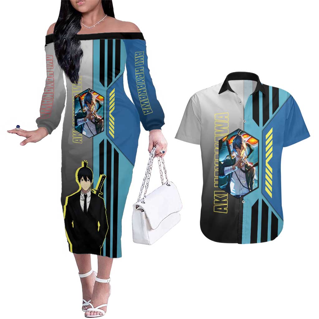 Aki Hayakawa from Chainsaw Man Couples Matching Off The Shoulder Long Sleeve Dress and Hawaiian Shirt with Sword and Stylish Pose Design - The Mazicc