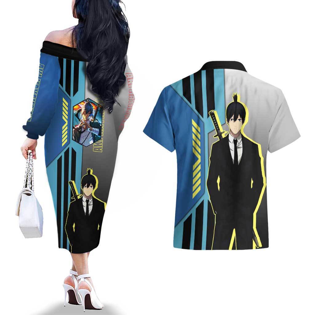 Aki Hayakawa from Chainsaw Man Couples Matching Off The Shoulder Long Sleeve Dress and Hawaiian Shirt with Sword and Stylish Pose Design - The Mazicc