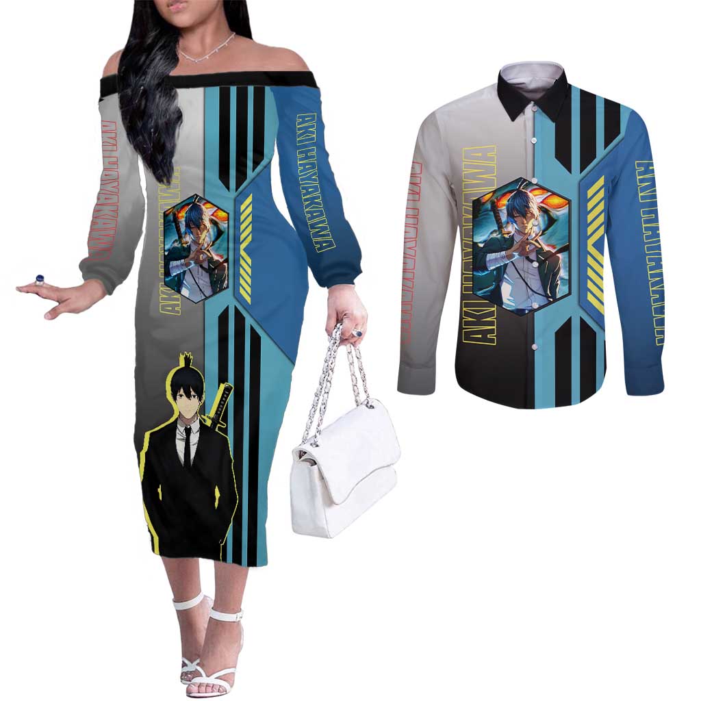 Aki Hayakawa from Chainsaw Man Couples Matching Off The Shoulder Long Sleeve Dress and Long Sleeve Button Shirt with Sword and Stylish Pose Design - The Mazicc