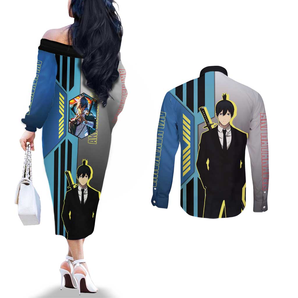 Aki Hayakawa from Chainsaw Man Couples Matching Off The Shoulder Long Sleeve Dress and Long Sleeve Button Shirt with Sword and Stylish Pose Design - The Mazicc