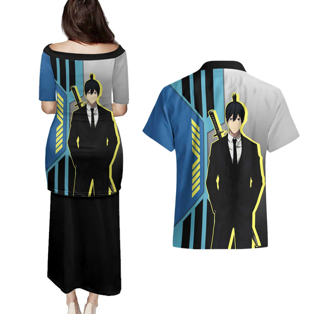 Aki Hayakawa from Chainsaw Man Couples Matching Puletasi and Hawaiian Shirt with Sword and Stylish Pose Design - The Mazicc