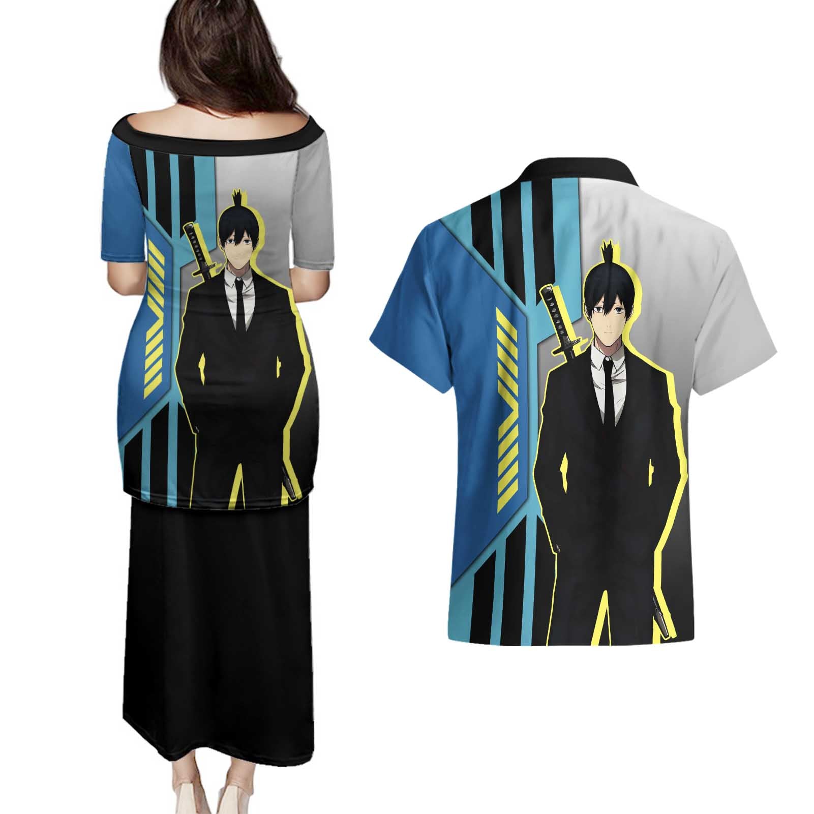 Aki Hayakawa from Chainsaw Man Couples Matching Puletasi and Hawaiian Shirt with Sword and Stylish Pose Design - The Mazicc