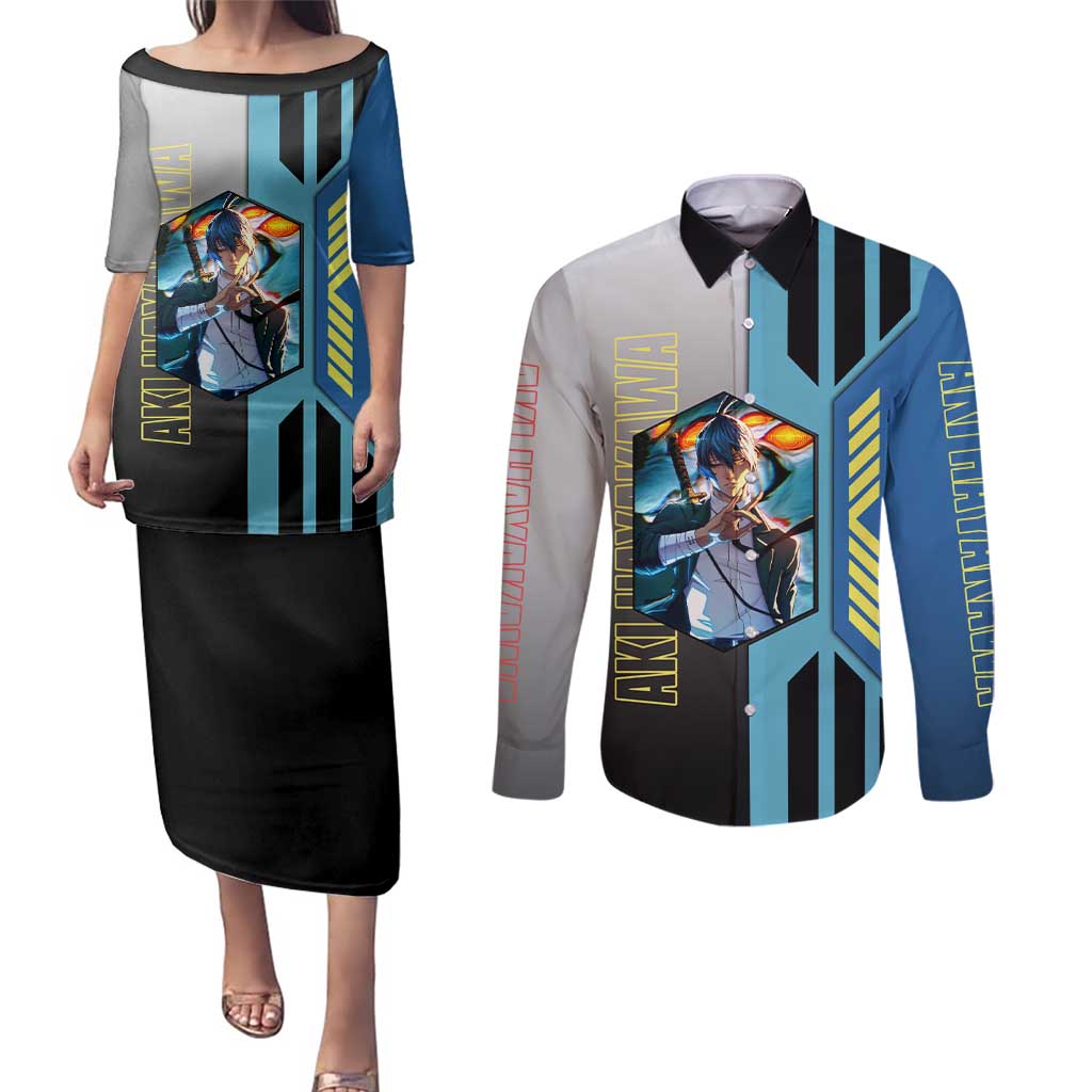Aki Hayakawa from Chainsaw Man Couples Matching Puletasi and Long Sleeve Button Shirt with Sword and Stylish Pose Design - The Mazicc