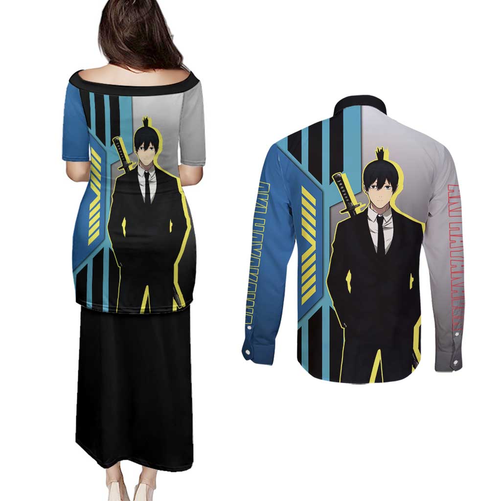 Aki Hayakawa from Chainsaw Man Couples Matching Puletasi and Long Sleeve Button Shirt with Sword and Stylish Pose Design - The Mazicc
