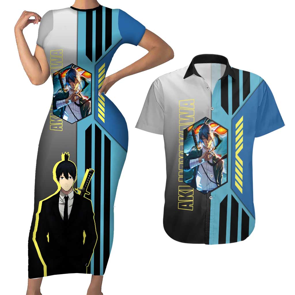 Aki Hayakawa from Chainsaw Man Couples Matching Short Sleeve Bodycon Dress and Hawaiian Shirt with Sword and Stylish Pose Design - The Mazicc