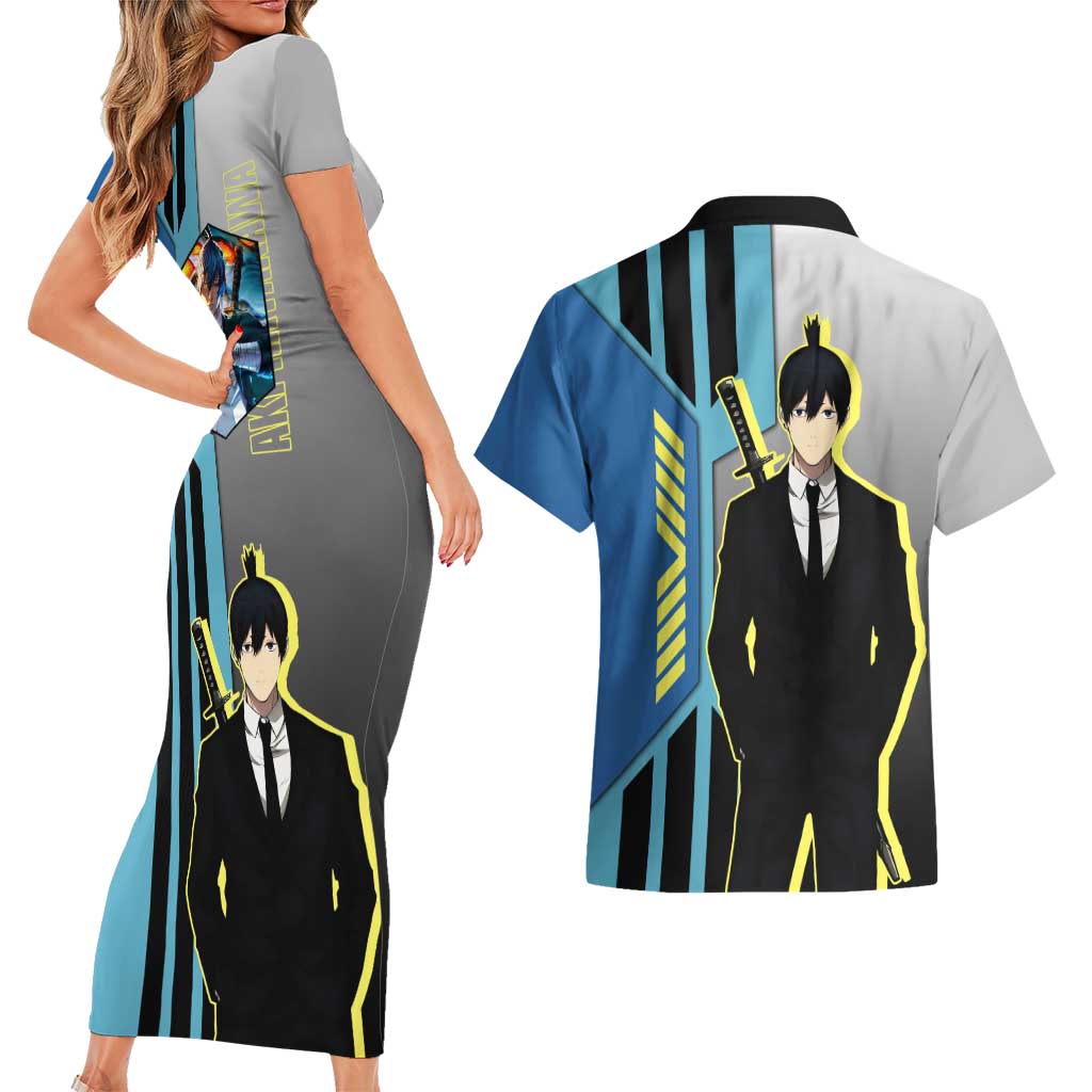 Aki Hayakawa from Chainsaw Man Couples Matching Short Sleeve Bodycon Dress and Hawaiian Shirt with Sword and Stylish Pose Design - The Mazicc